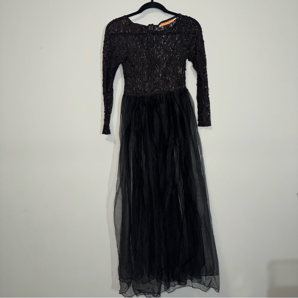 Ananas Womens‎ Black Beaded Lace Tulle Maxi Gown Long Sleeve Formal Dress Size S